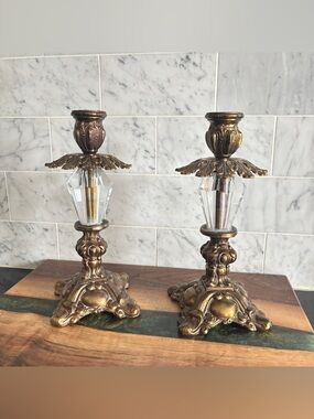 Vintage Pair of 8.25” Ornate Hollywood Regency Brass and Lucite Candle Holders